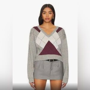 STEVE MADDEN Women’s Houston V-neck Argyle Grey Sweater - Medium